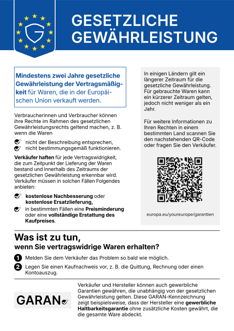 EU-informatie “Wettelijke garantie”: minimaal twee jaar wettelijke garantie van conformiteit voor goederen die in de Europese Unie worden verkocht.